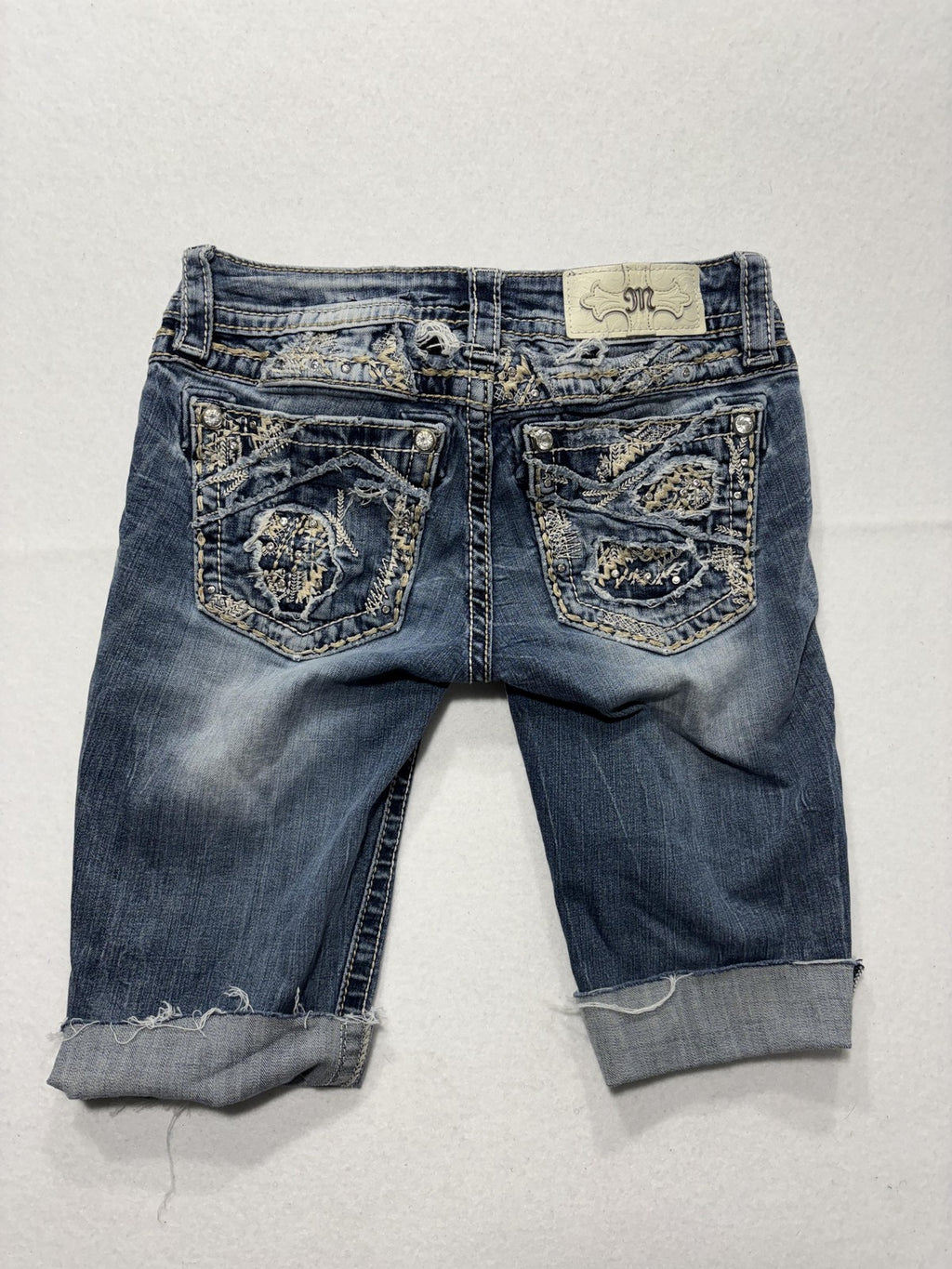 Miss Me Bermuda Shorts Womens 24 Blue Embroidered Rhinestone Denim Cuffed