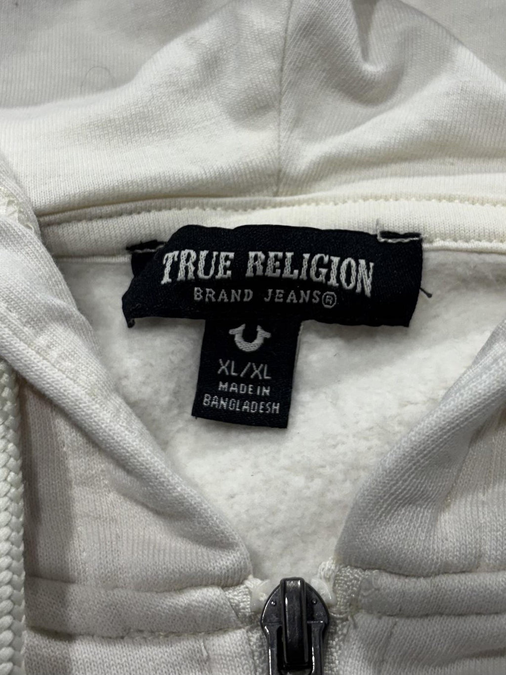 True Religion Hoodie Womens XL White Rhinestone Logo Full Zip Graphic Buddha