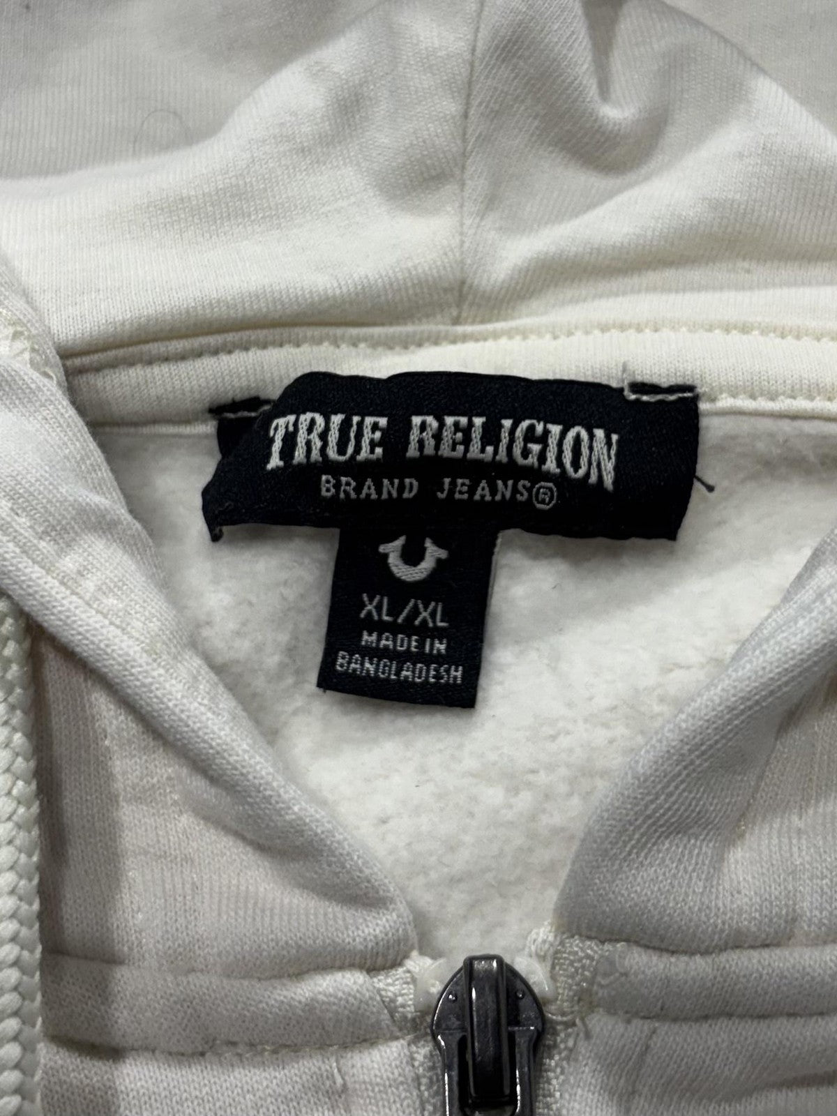 True Religion Hoodie Womens XL White Rhinestone Logo Full Zip Graphic Buddha