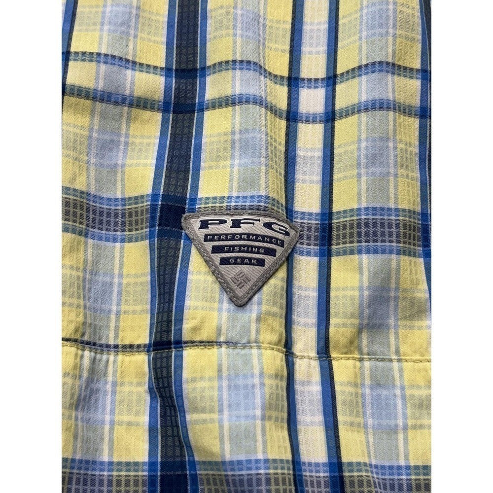Columbia PFG Shirt Mens Medium Yellow Blue Plaid Long Sleeve Fishing Button Up