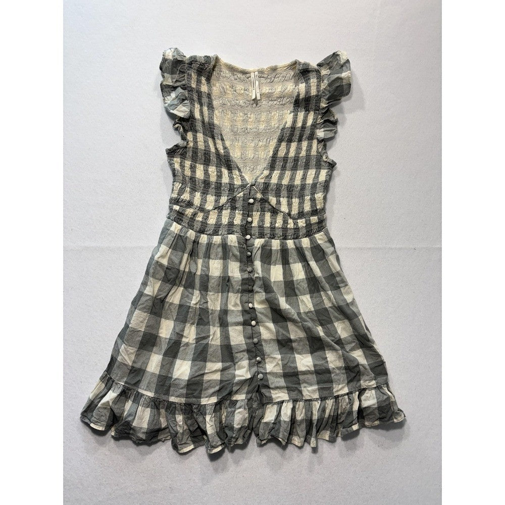Anthropologie Dress Womens Small Gray Check V Neck Smocked Ruffle Sundress Boho