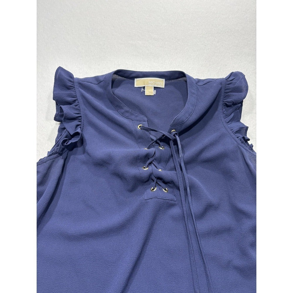 MICHAEL Michael Kors Blouse Womens Medium Blue Lace Up Ruffle Sleeveless Top