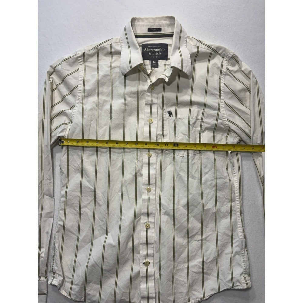 Abercrombie & Fitch Mens Medium White Green Striped Long Sleeve Slim Button Up