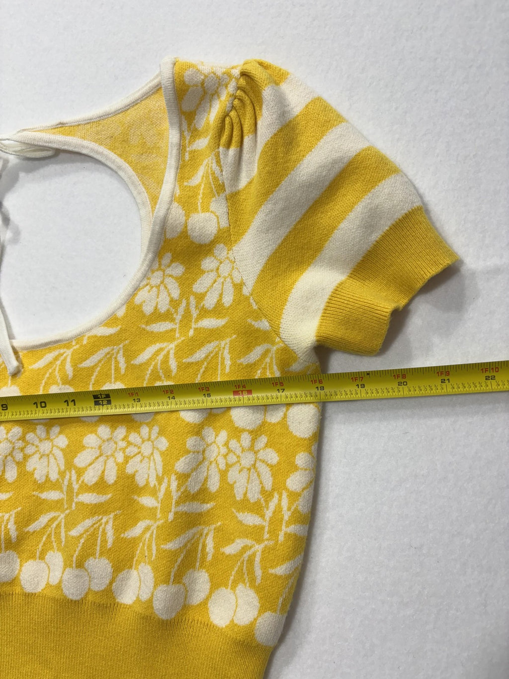 Maeve Sweater Womens Medium Yellow Floral Puff Sleeve Scoop Neck Tie Back Crop