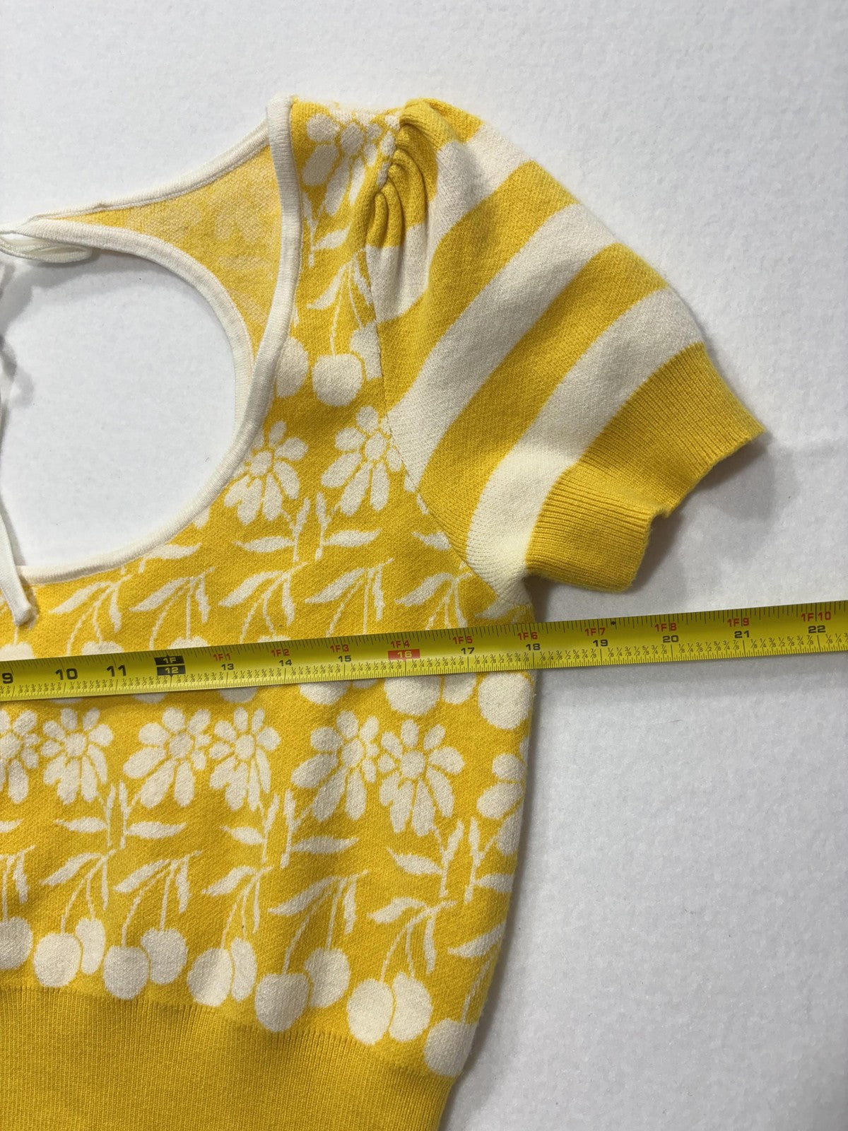 Maeve Sweater Womens Medium Yellow Floral Puff Sleeve Scoop Neck Tie Back Crop