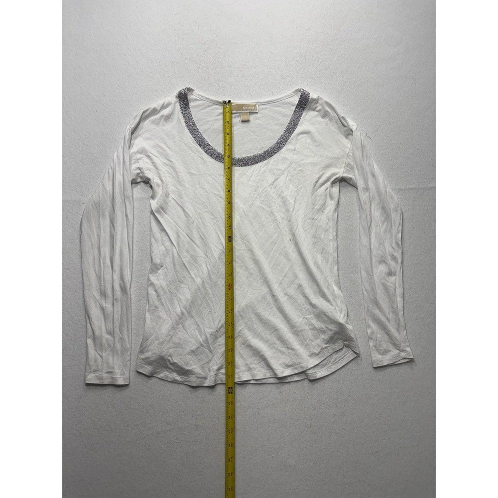 MICHAEL Michael Kors Top Womens Small White Scoop Neck Beaded Long Sleeve Jersey