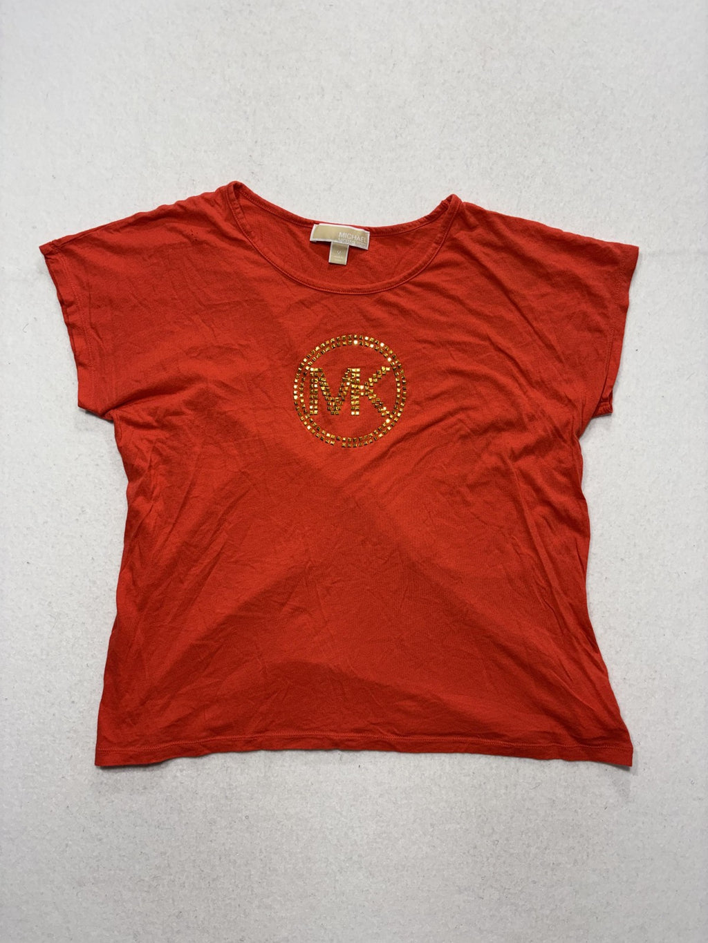 Michael Kors Shirt Womens Medium Orange Scoop Neck Dolman MK Logo Studded Tee