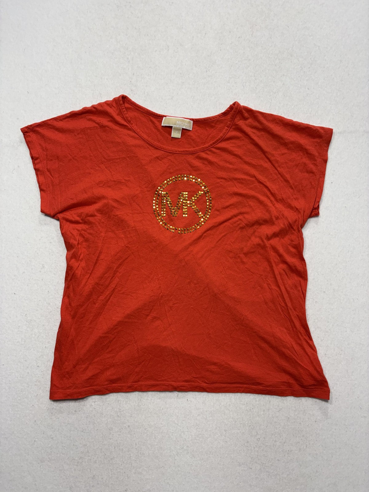 Michael Kors Shirt Womens Medium Orange Scoop Neck Dolman MK Logo Studded Tee