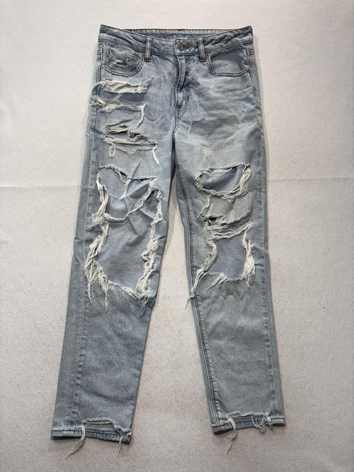 American Eagle Mom Jeans Womens 8 Blue Light Wash High Rise Distressed 30x28