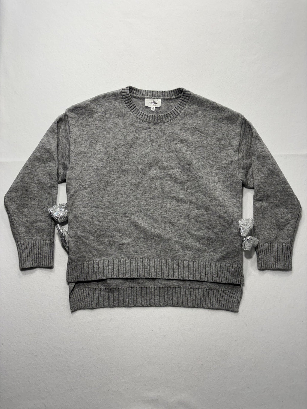 Able Sweater Womens Small Gray Crew Neck Sequin Bow Side Slit Knit Pullover
