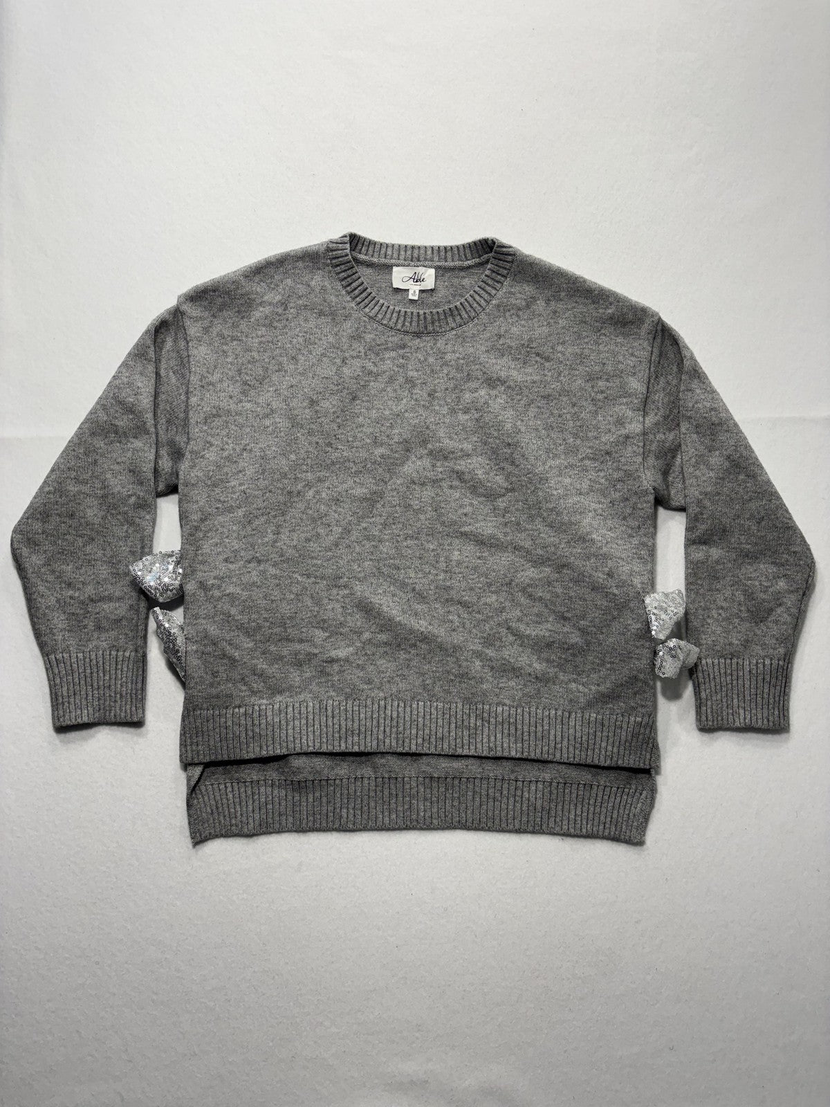 Able Sweater Womens Small Gray Crew Neck Sequin Bow Side Slit Knit Pullover