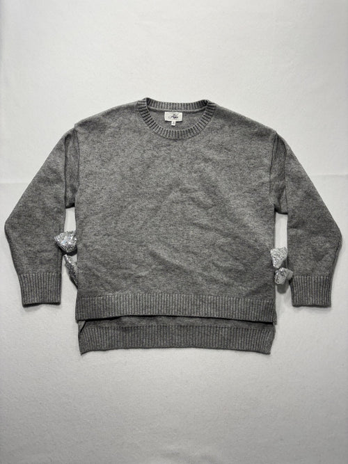 Able Sweater Womens Small Gray Crew Neck Sequin Bow Side Slit Knit Pullover