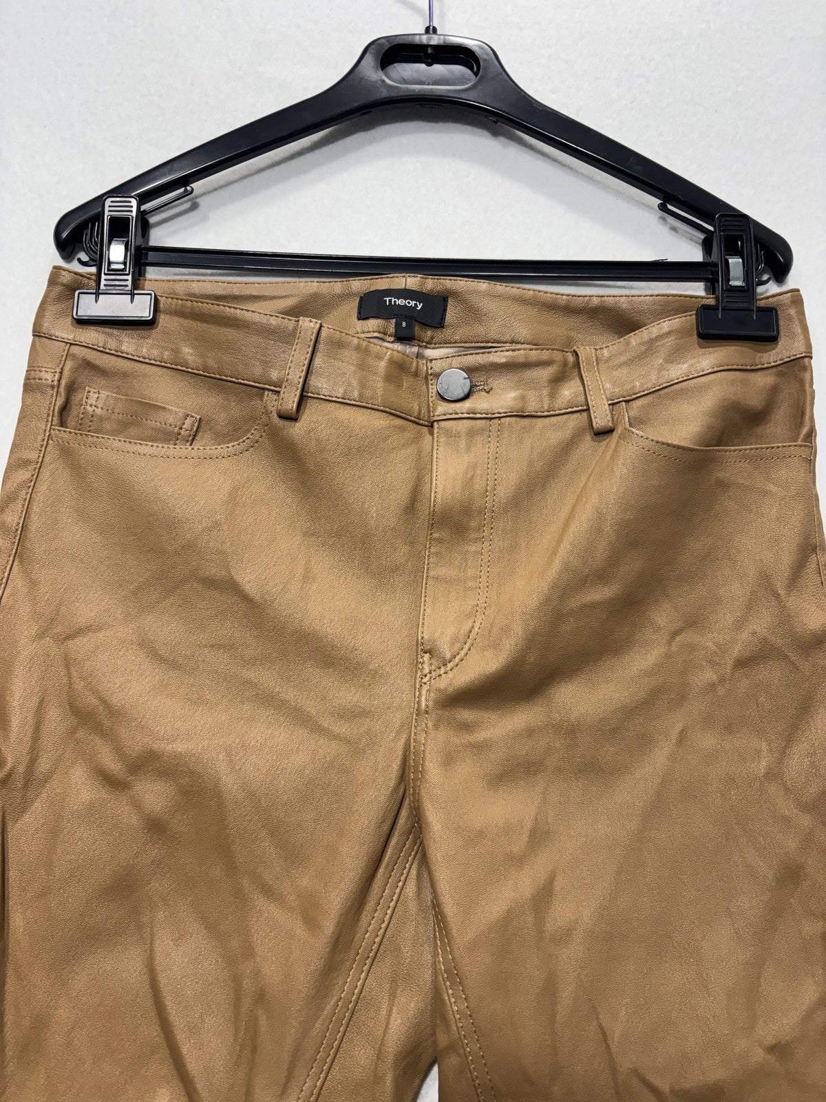 Theory Dress Pants Womens 8 Brown Lamb Leather Bristol Skinny 5 Pocket Zip