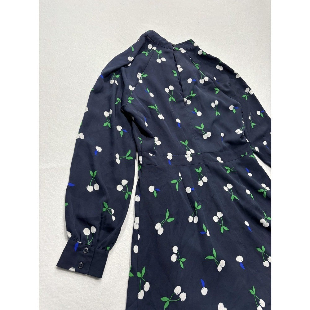 Banana Republic Dress Womens 6 Blue Cherry Print Mock Neck Long Sleeve Fit Flare