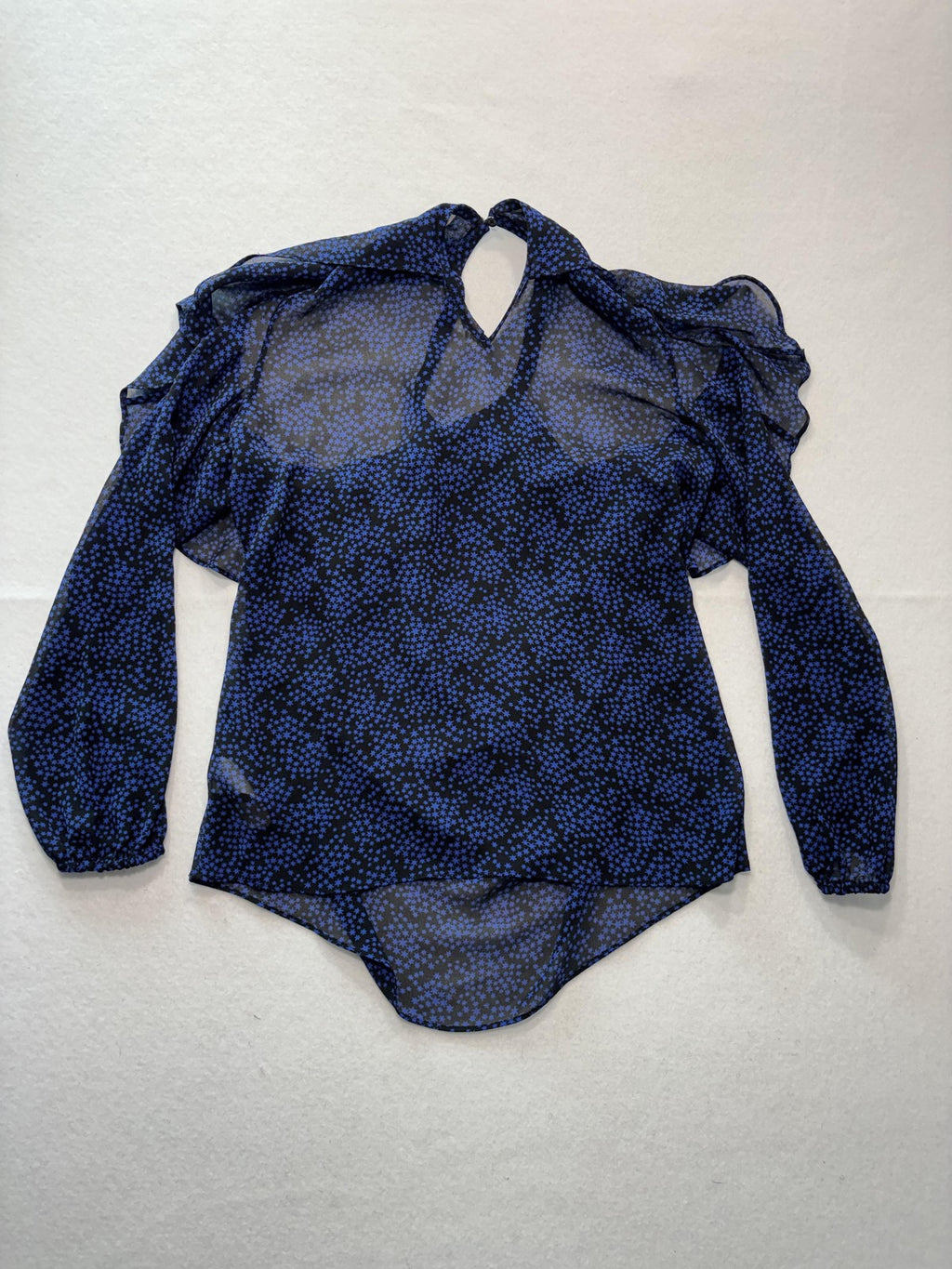 MICHAEL Michael Kors Blouse Womens Small Blue Star Print High Neck Ruffle Sheer
