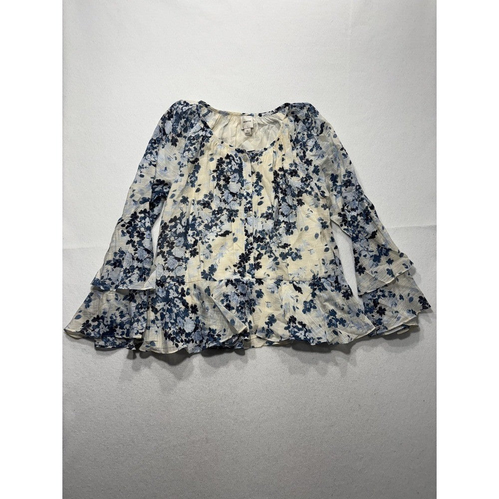 Maeve Blouse Womens XS Blue Floral Ruffle Bell Sleeve Peasant Boho Top