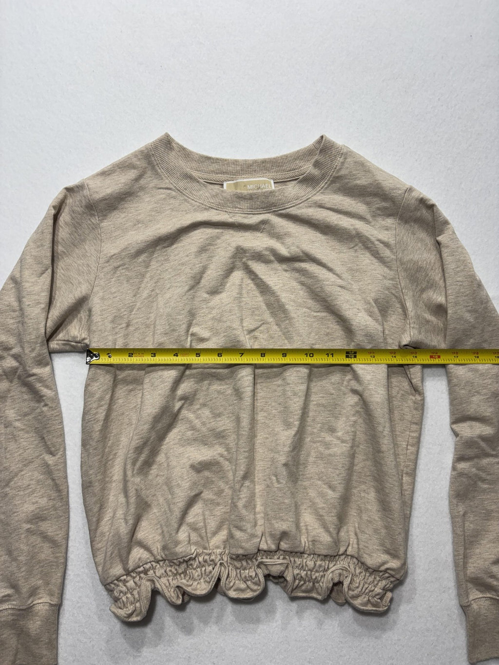 MICHAEL Michael Kors Top Womens Small Beige Crew Neck Long Sleeve Ruffle Hem