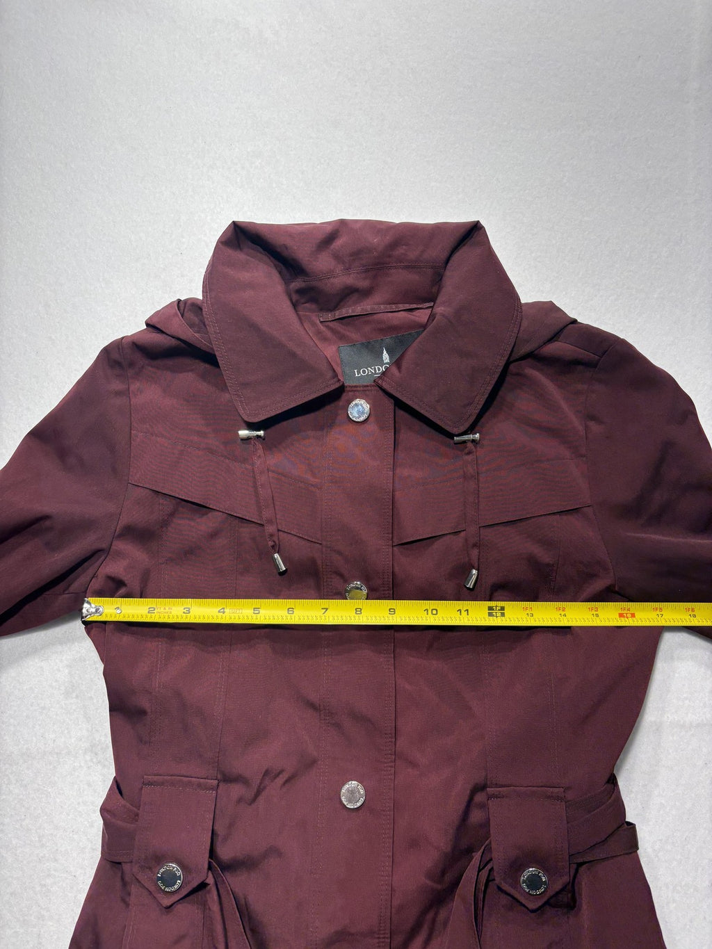 London Fog Trench Coat Womens S Red Belted Hooded Snap Front Mid Length