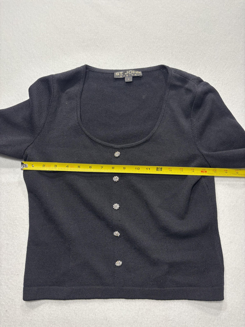 St. John Sweater Womens 4 Black Scoop Neck Rhinestone Button Long Sleeve Knit