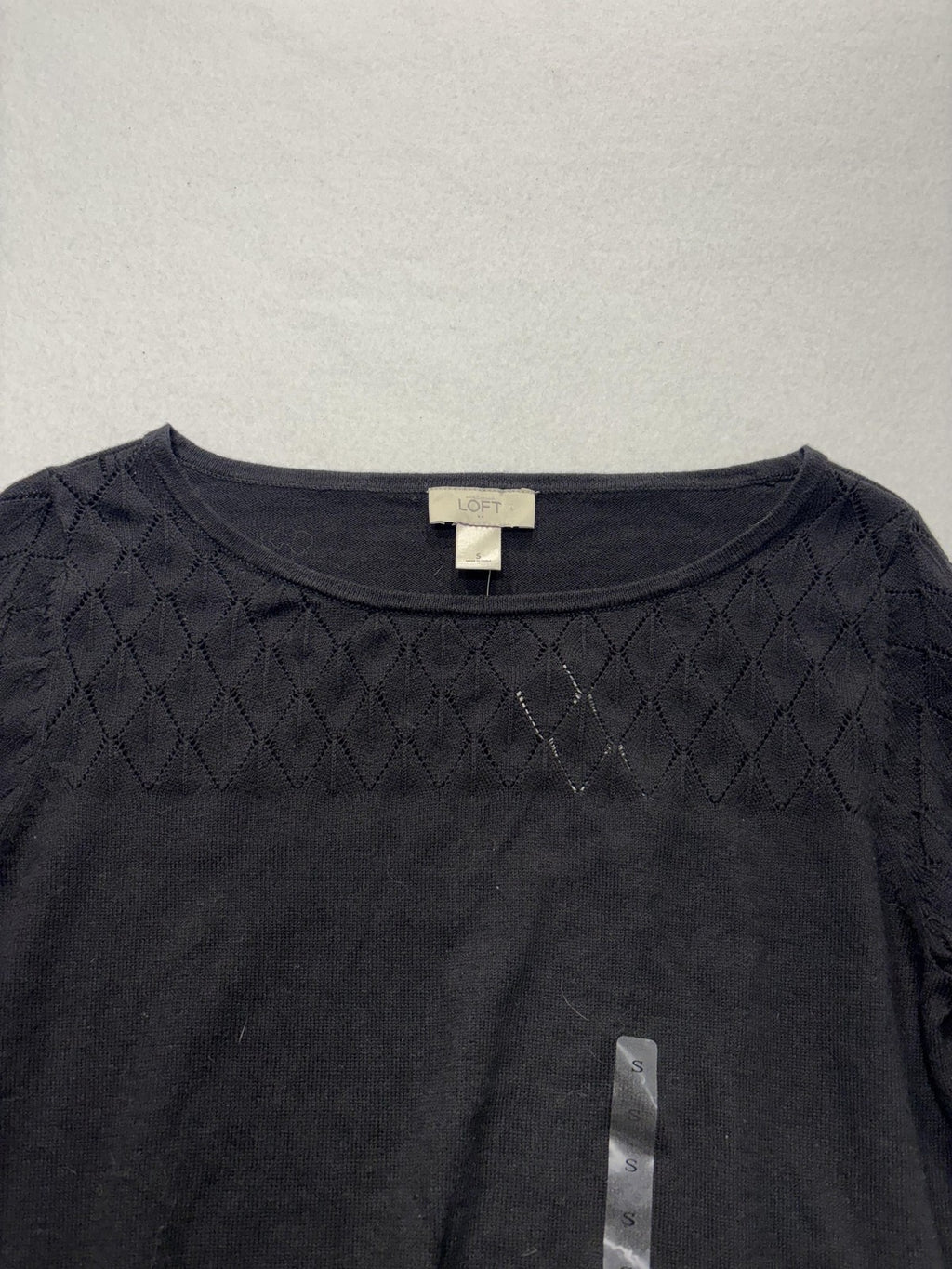 LOFT Sweater Womens Small Black Boat Neck Diamond Knit Sleeve Pullover Top