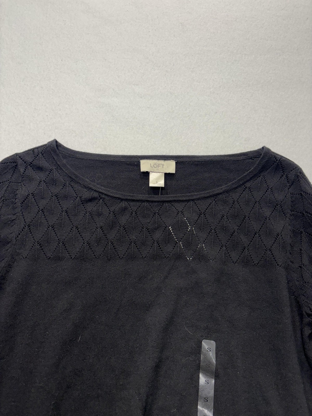 LOFT Sweater Womens Small Black Boat Neck Diamond Knit Sleeve Pullover Top