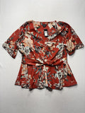 City Chic Blouse Womens 20 Red Floral V Neck Short Sleeve Peplum Top Tie Waist