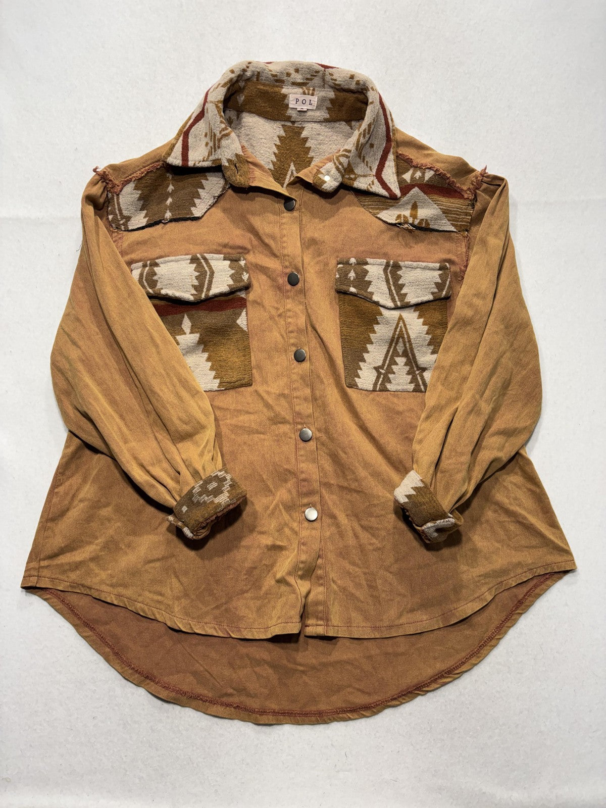 POL Jacket Womens S Brown Snap Front Aztec Geometric Western Shacket FWT361