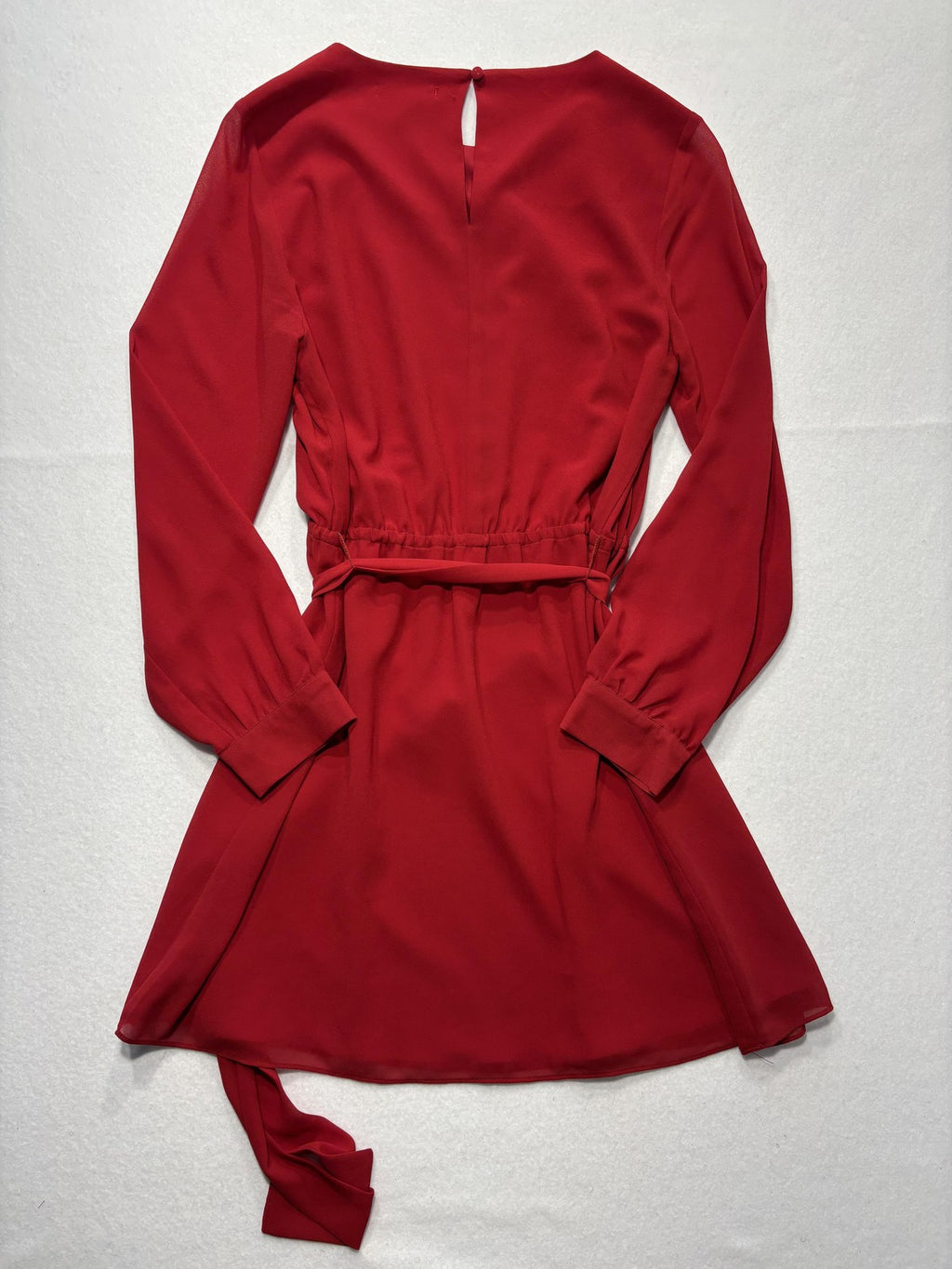 KLD Dress Womens Medium Red Chiffon Belted Fit Flare Long Sleeve Round Neck Mini