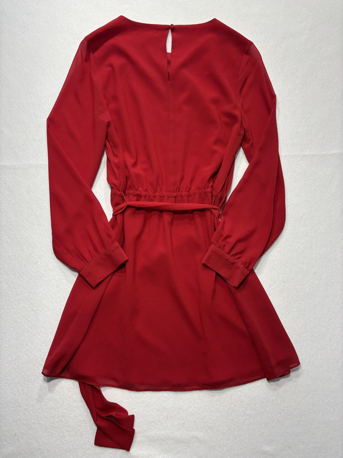 KLD Dress Womens Medium Red Chiffon Belted Fit Flare Long Sleeve Round Neck Mini