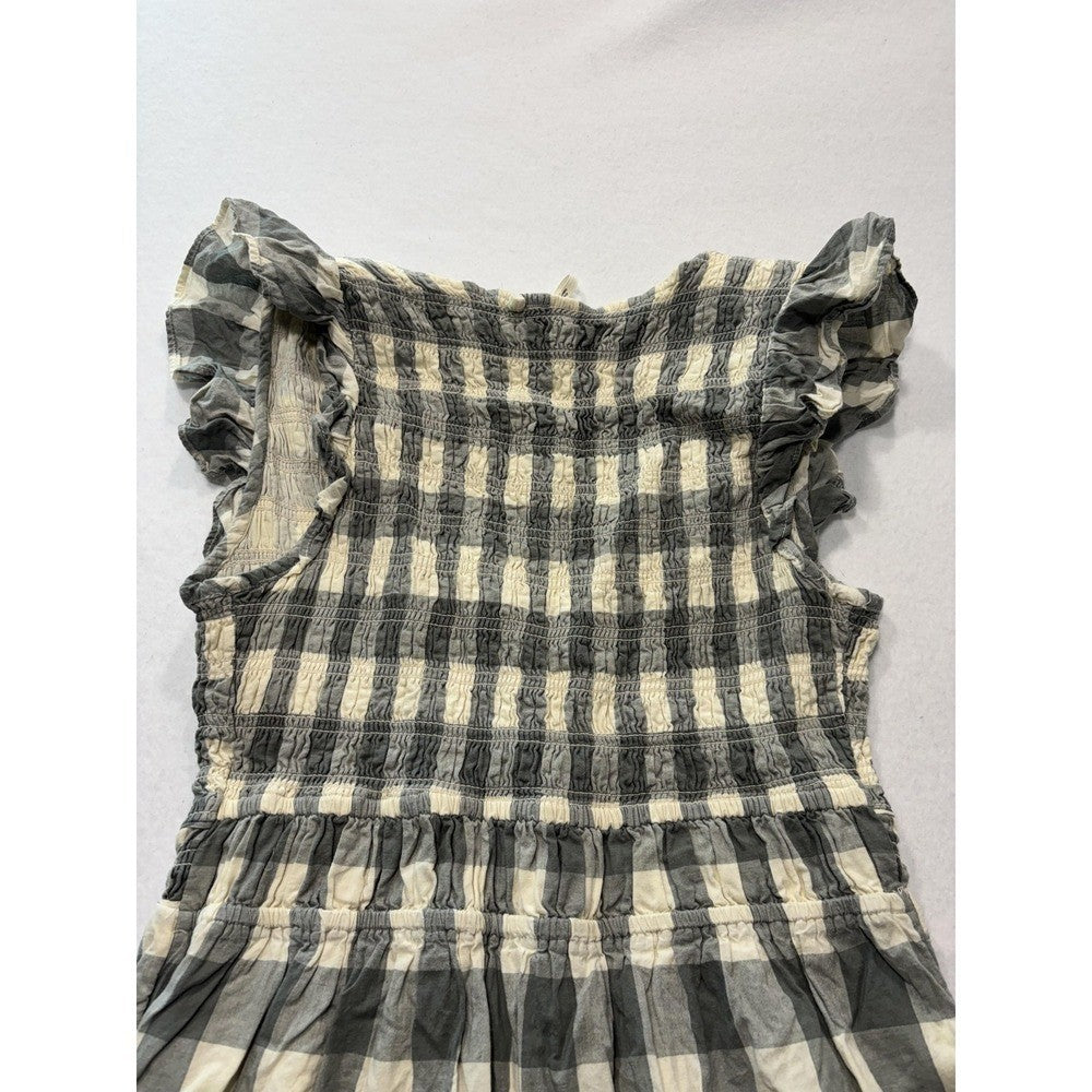 Anthropologie Dress Womens Small Gray Check V Neck Smocked Ruffle Sundress Boho