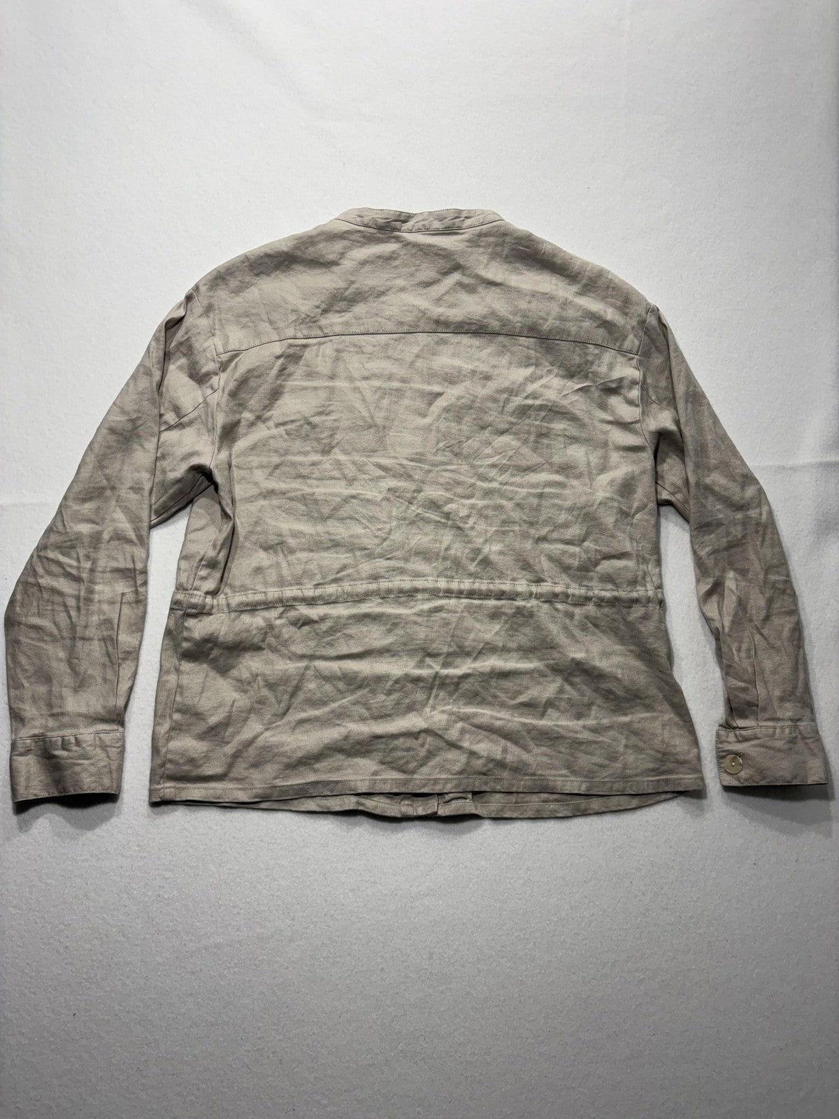Maeve Jacket Womens L Beige Linen Blend Collarless Full Zip Waist Drawstring