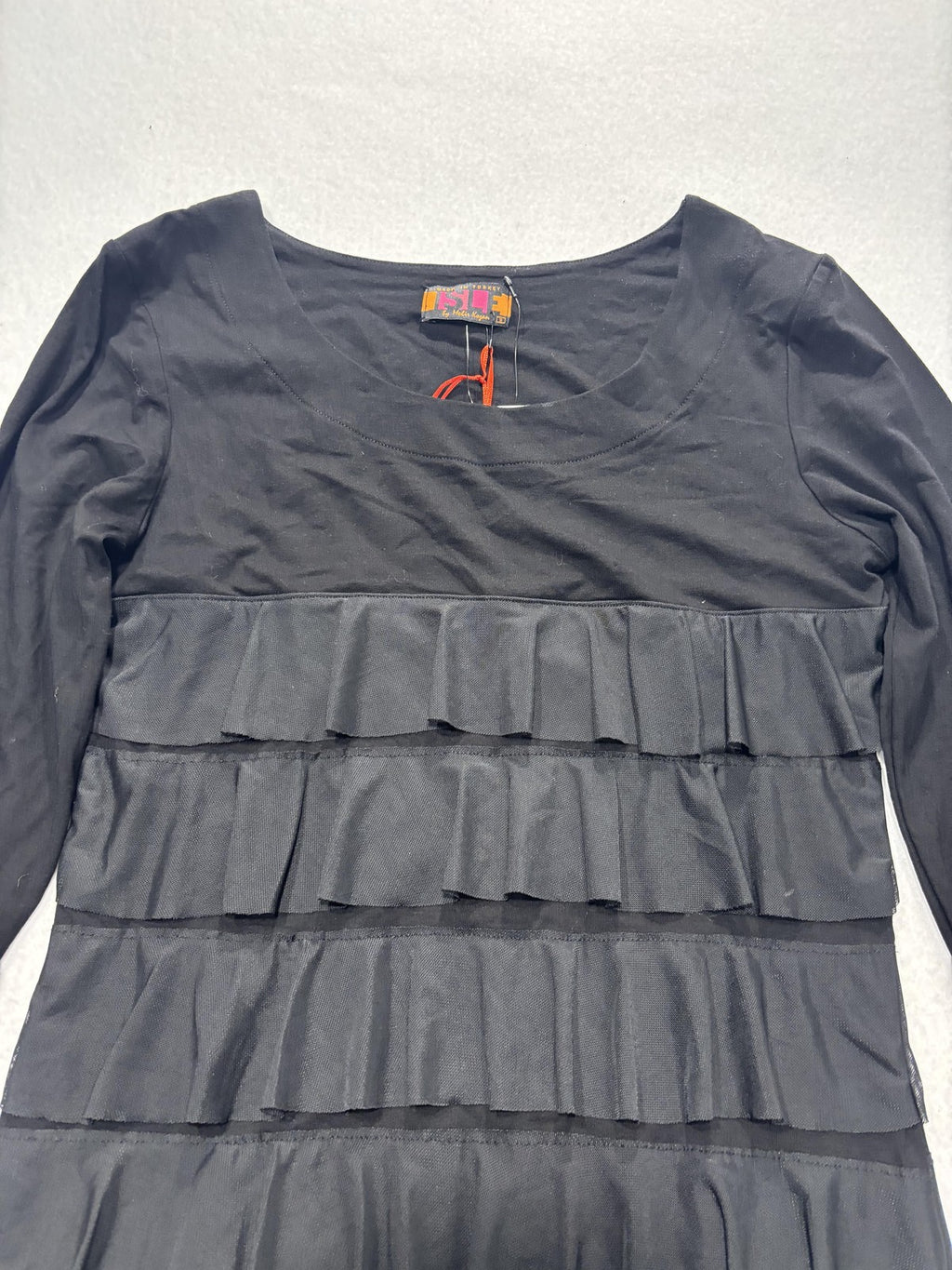 Isle By Melis Kozan Dress Womens Small Black Mesh Ruffle Long Sleeve Shift