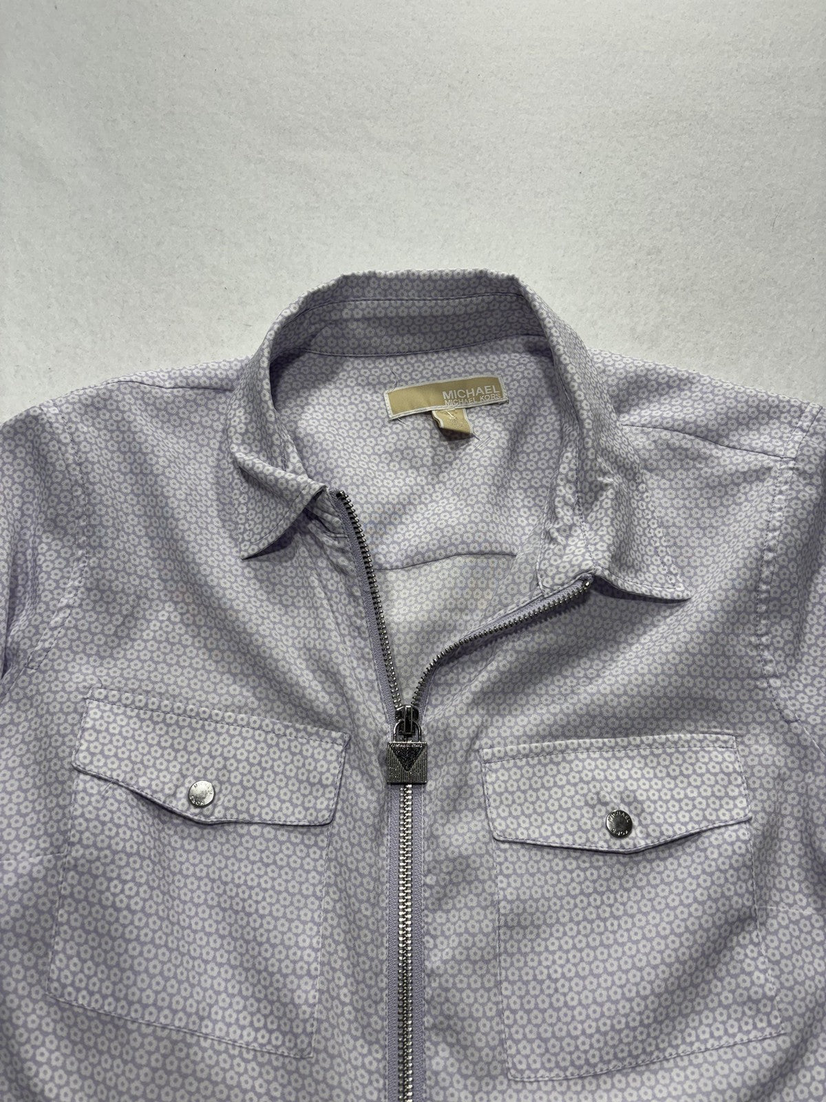 MICHAEL Michael Kors Blouse Womens Medium Purple Collared Zip Geometric Print