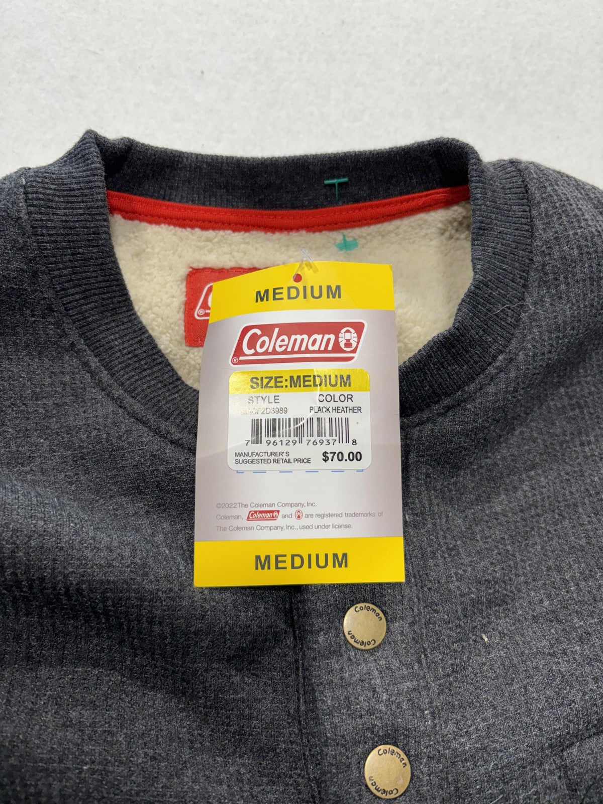 Coleman Sweatshirt Mens Medium Black Heather Thermal Henley Lined Fleece Pocket
