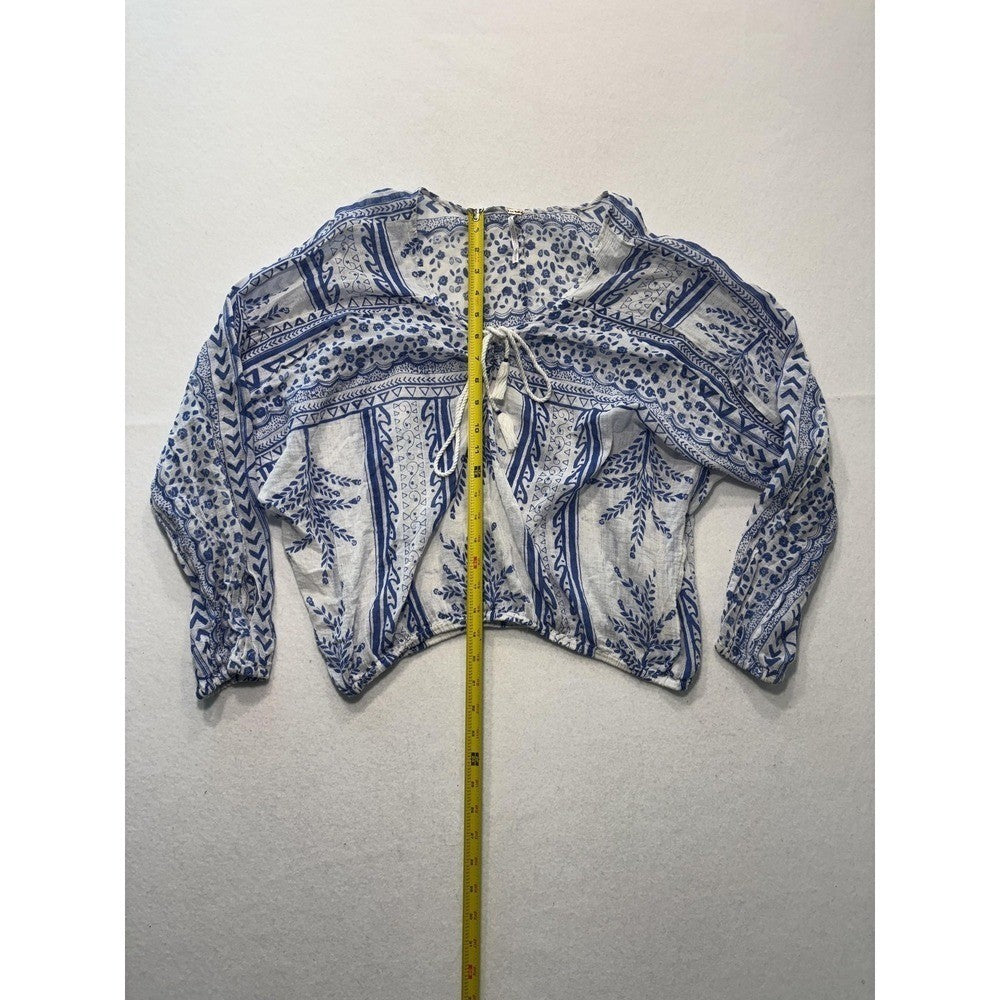 Free People Blouse Womens Medium Blue Long Sleeve Floral Tassel Crop Top Boho