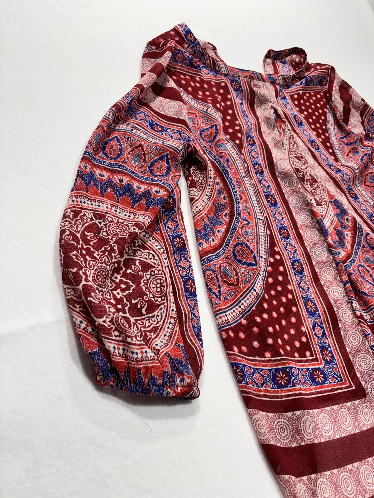 Lucky Brand Blouse Womens Small Red Paisley Long Sleeve Tunic Top Boho