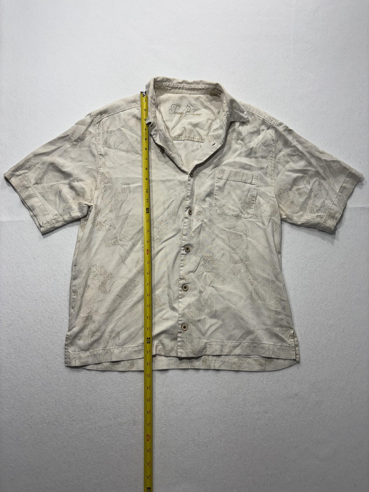 Tommy Bahama Shirt Mens Medium Beige Floral Silk Short Sleeve Button Up Tropical