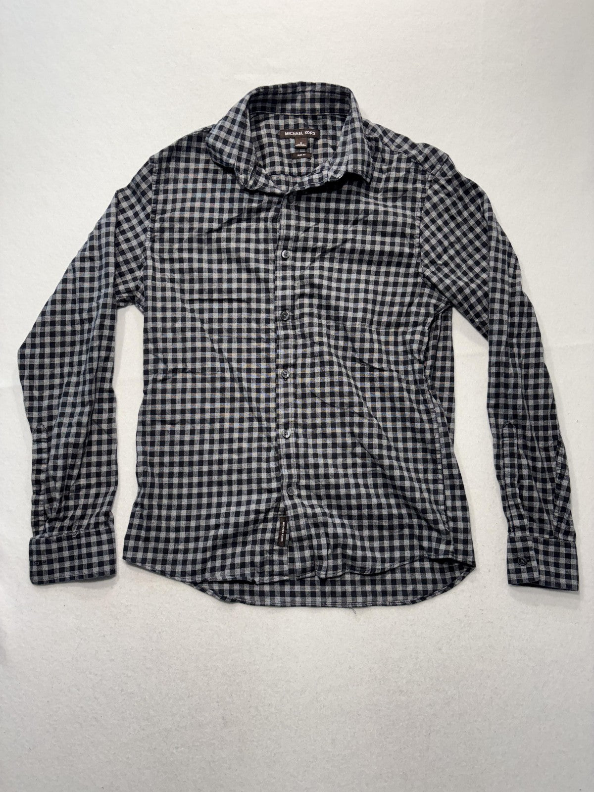 Michael Kors Shirt Mens Medium Gray Check Long Sleeve Button Up Slim Fit