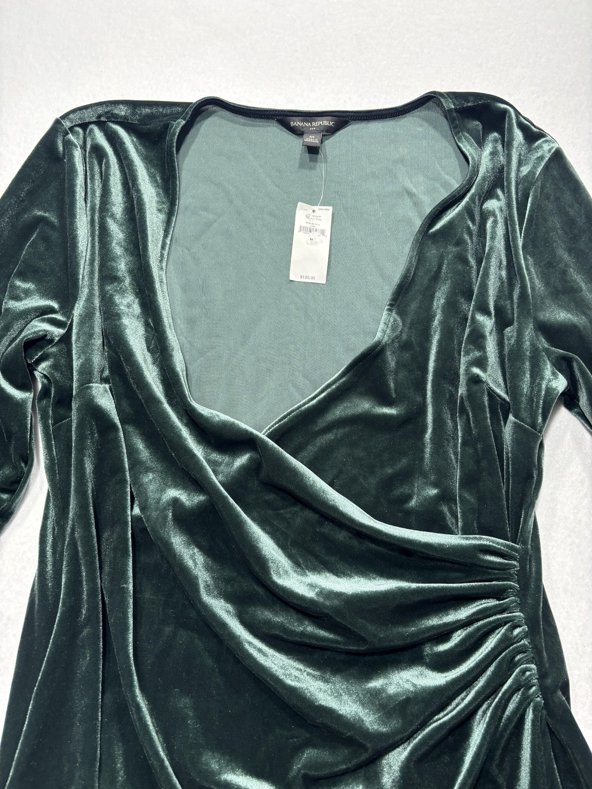 Banana Republic Dress Womens M Green Velvet V Neck Ruched Wrap Long Sleeve Midi