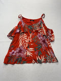 Miss Me Blouse Womens XS Red Floral Tropical Cold Shoulder Ruffle Strap Top
