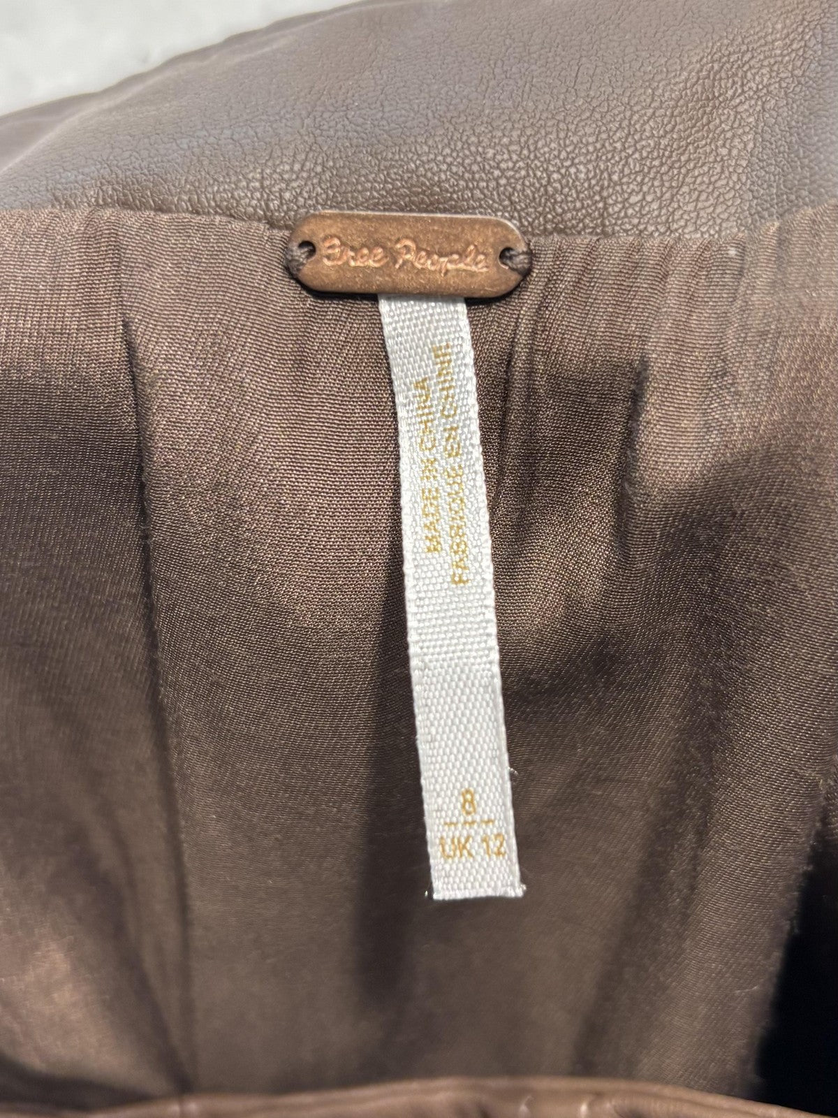 Free People Skirt Womens 8 Brown Faux Leather Zip Back Panel Seamed Mini Lined