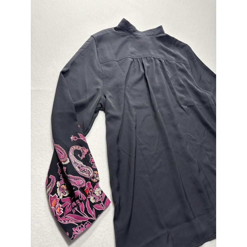 Chicos Womens 2 Black Paisley Floral Tunic Blouse Long Sleeve Mandarin Top