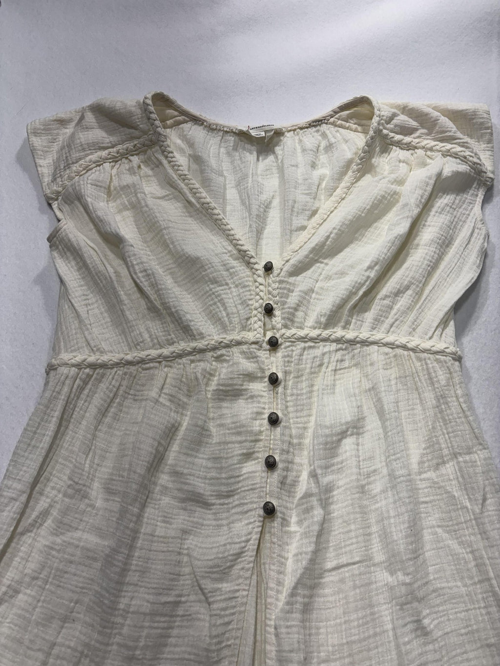 Anthropologie Dress Womens Medium White V Neck Button Front Braided Hi Low Boho