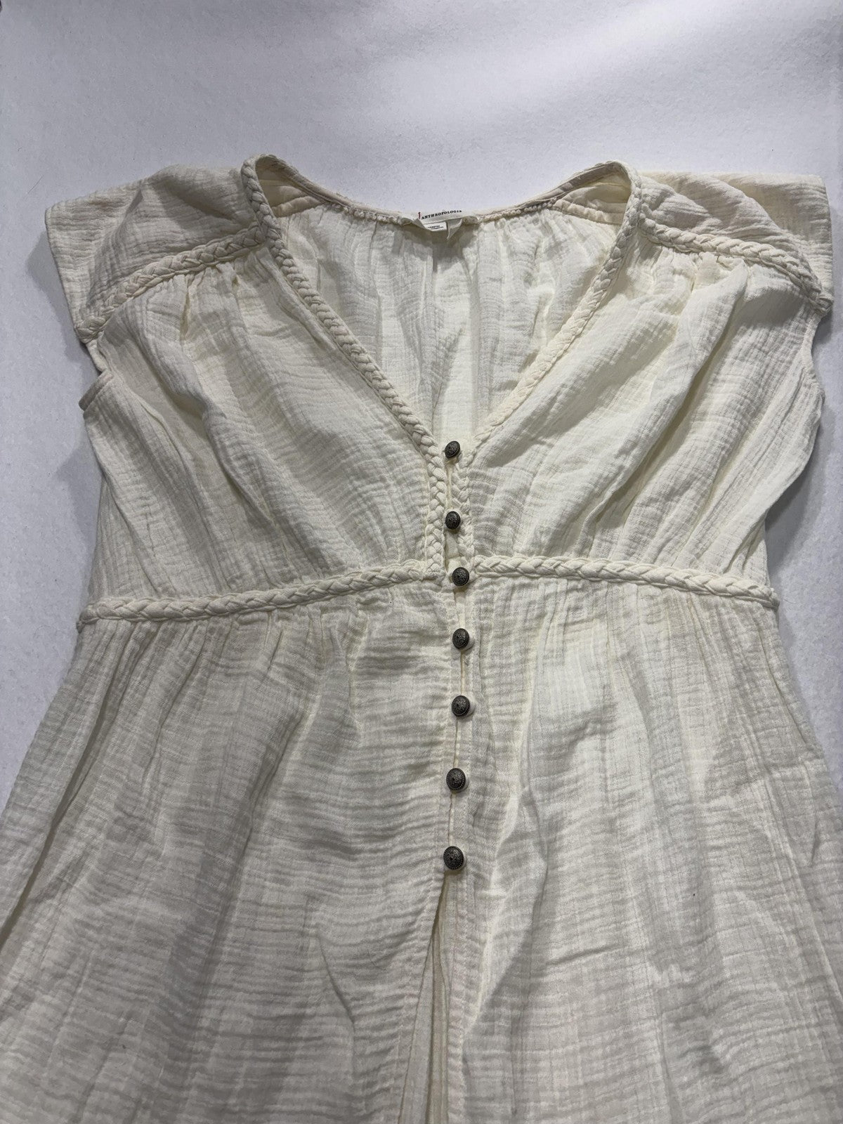 Anthropologie Dress Womens Medium White V Neck Button Front Braided Hi Low Boho