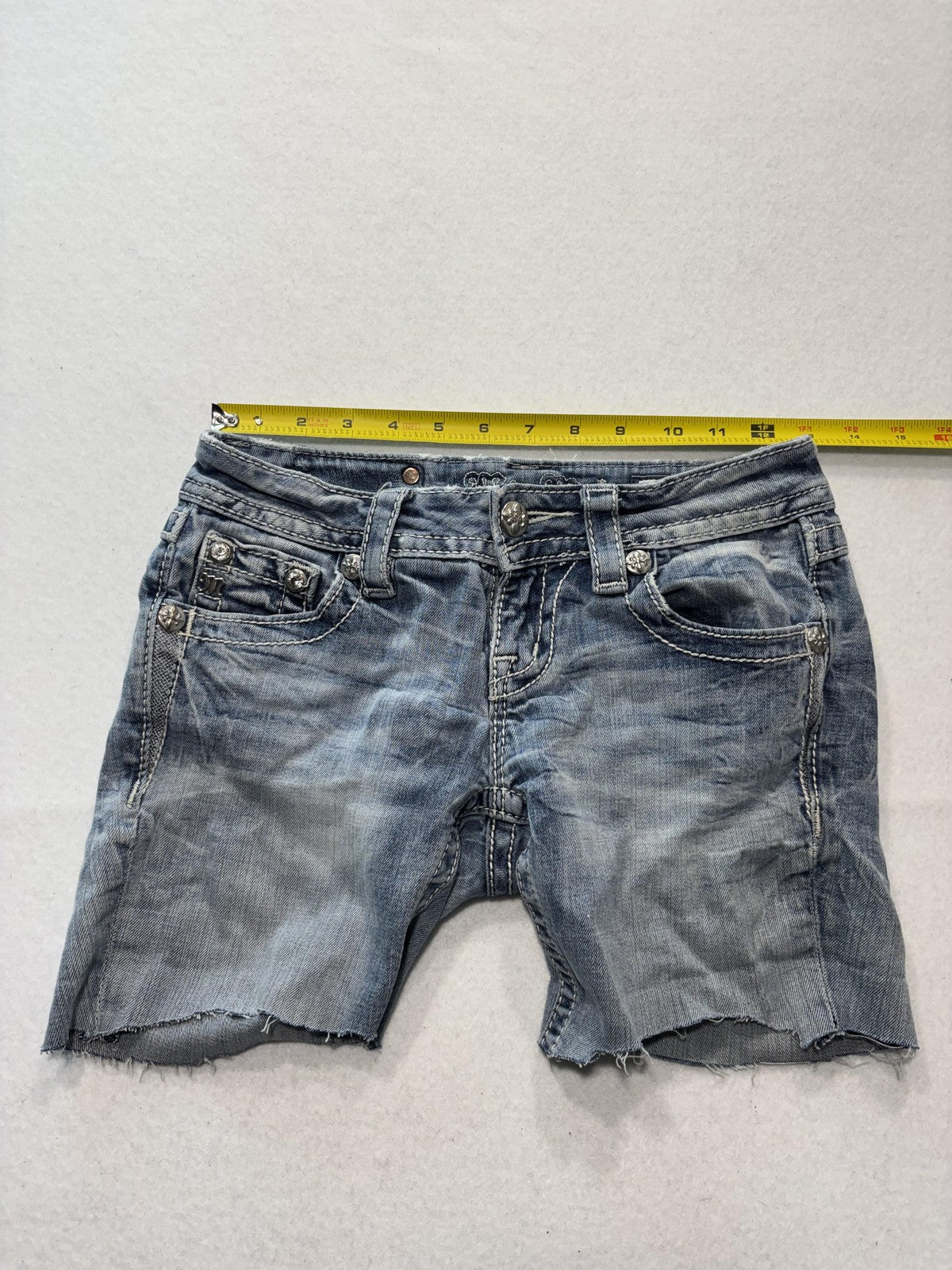 Miss Me Signature Shorts Womens 24 Blue Cut Off Raw Hem Embroidered Denim