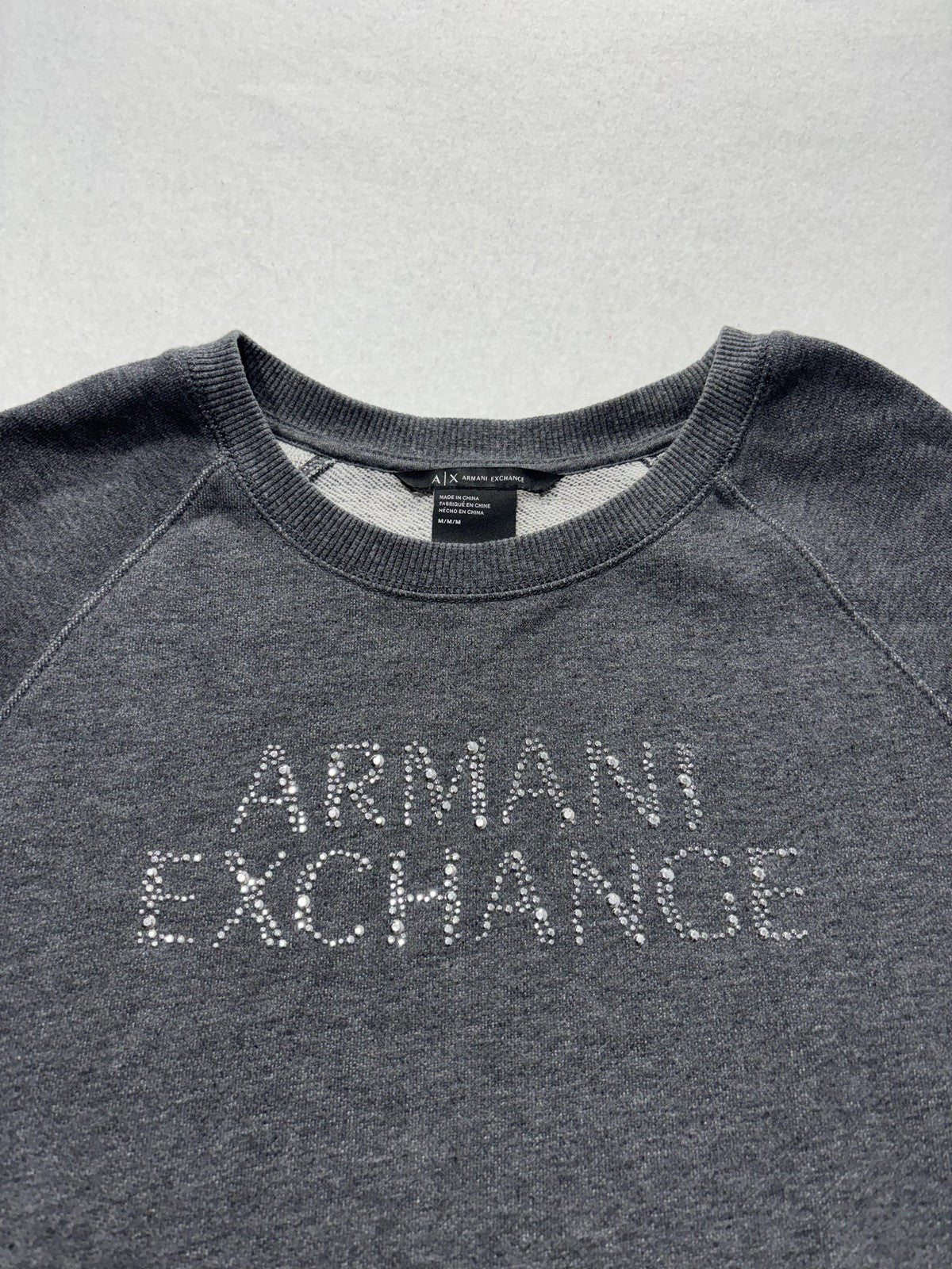 Armani Exchange Sweatshirt Womens Medium Gray Rhinestone Logo Raglan Pullover
