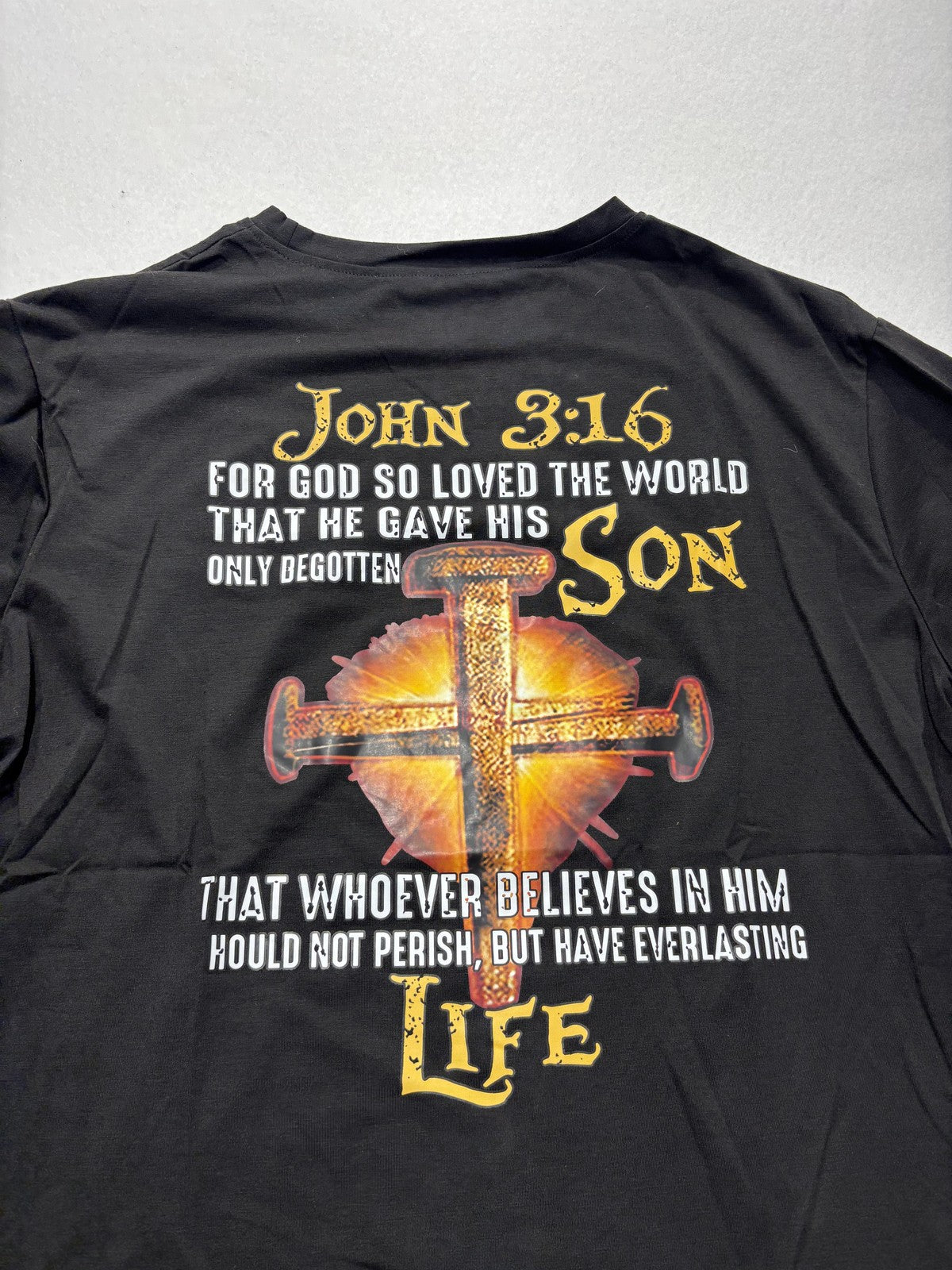 John 3:16 Shirt Mens Large Black Christian Cross Bible Verse Graphic Tee Print