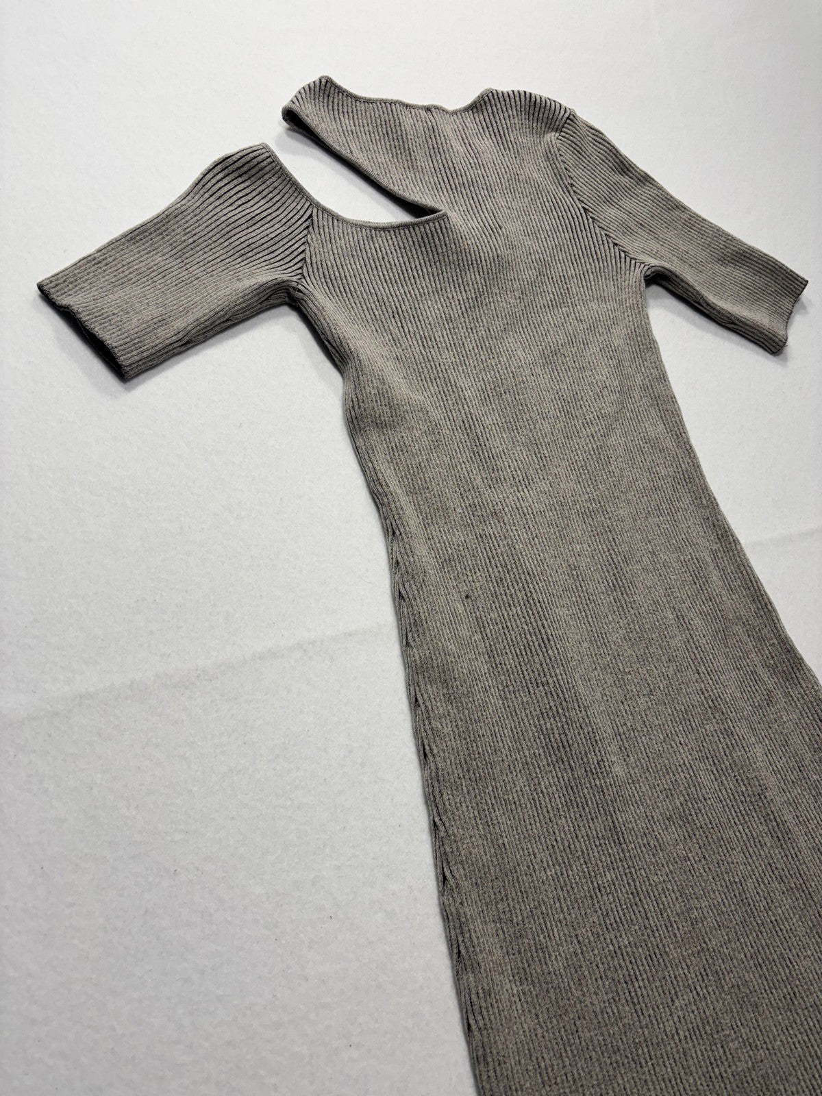 Monrow Sweater Dress Womens XS Gray Ribbed V Neck Cutout Bodycon Long Knit