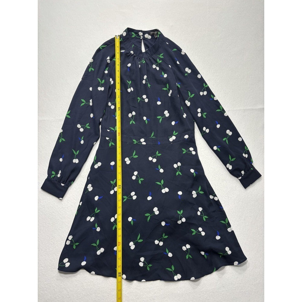 Banana Republic Dress Womens 6 Blue Cherry Print Mock Neck Long Sleeve Fit Flare