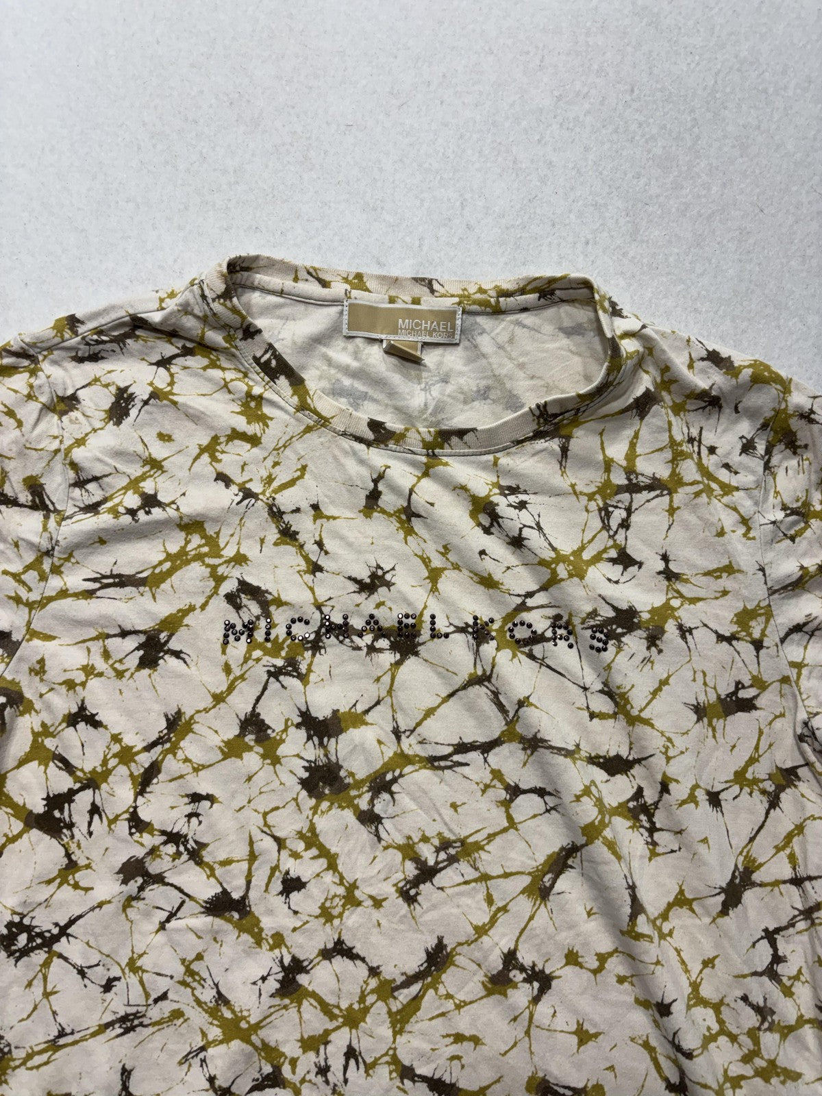 MICHAEL Michael Kors Shirt Womens Large Tan Splatter Crew Neck Short Sleeve Tee